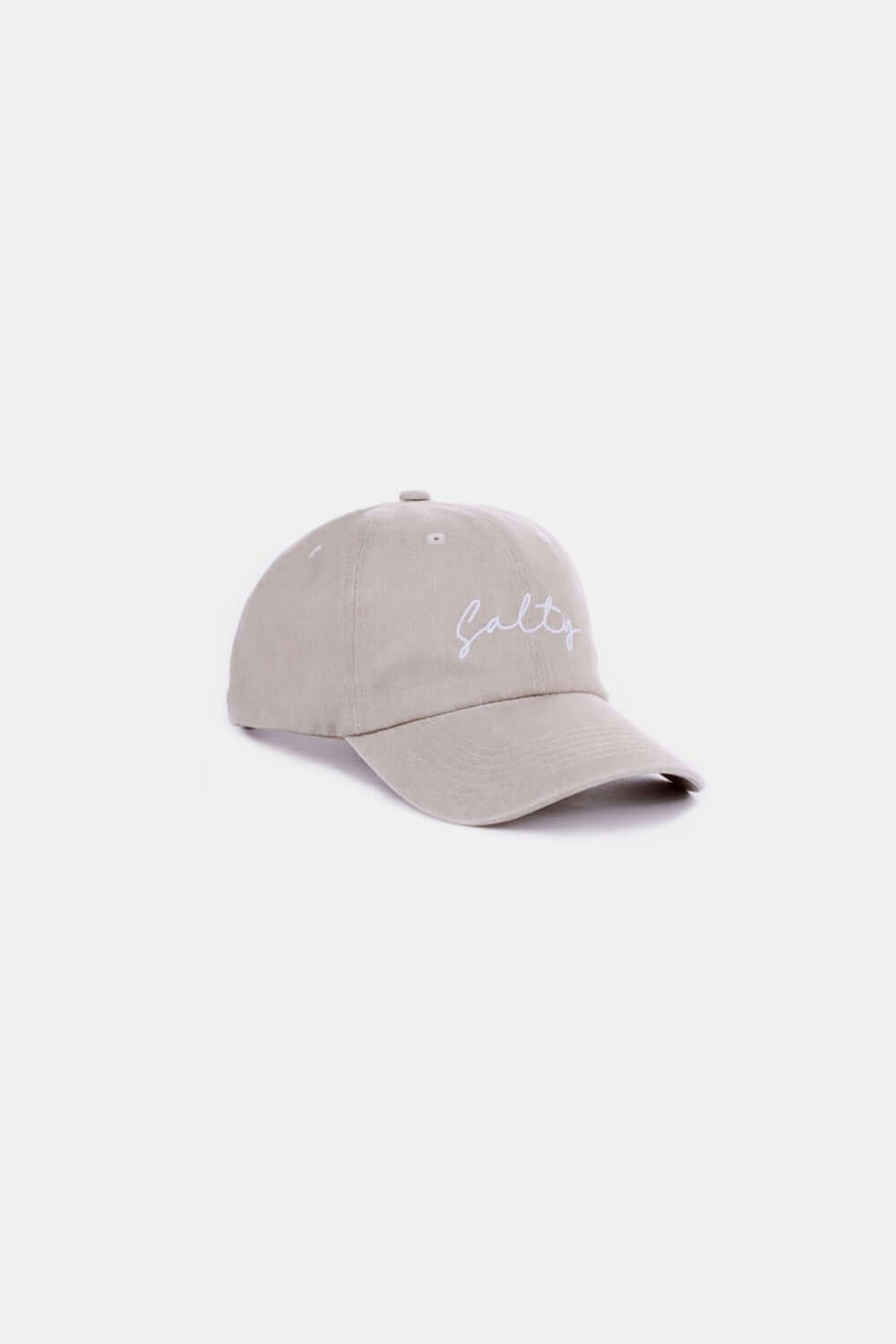 Vintage-washed SALTY embroidered baseball cap with a retro-style worn-in look, perfect for a trendy and casual outfit.