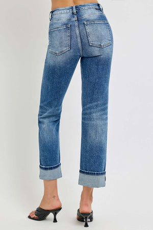 Stylish high-rise crop straight roll-up jeans with a flattering fit and casual charm, perfect for versatile wardrobe styling.