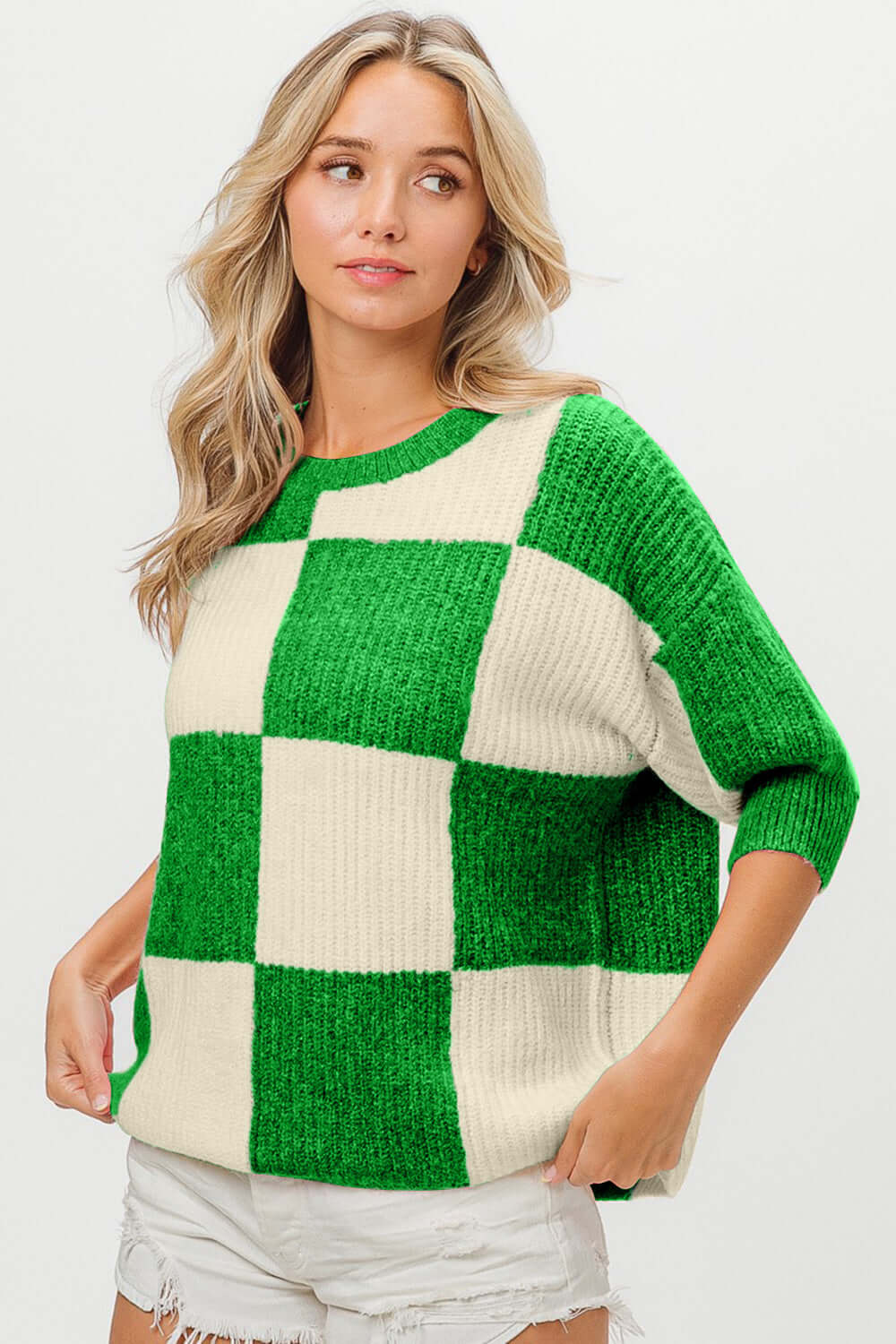 BIBI Checkered Contrast Round Neck Sweater at Bella Road