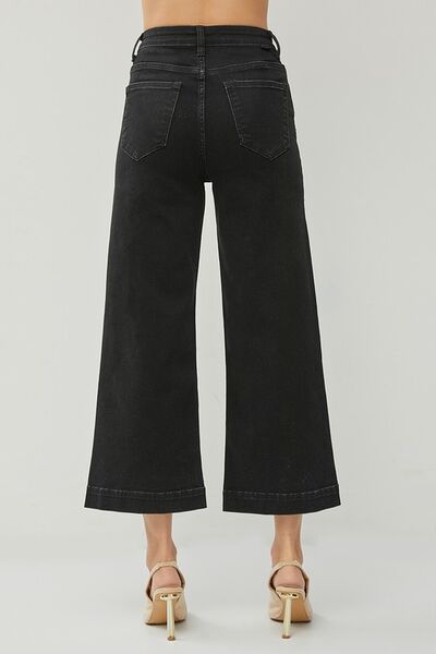 Back view of RISEN high rise wide leg ankle jeans for plus size, showcasing stylish cropped length and trendy silhouette.