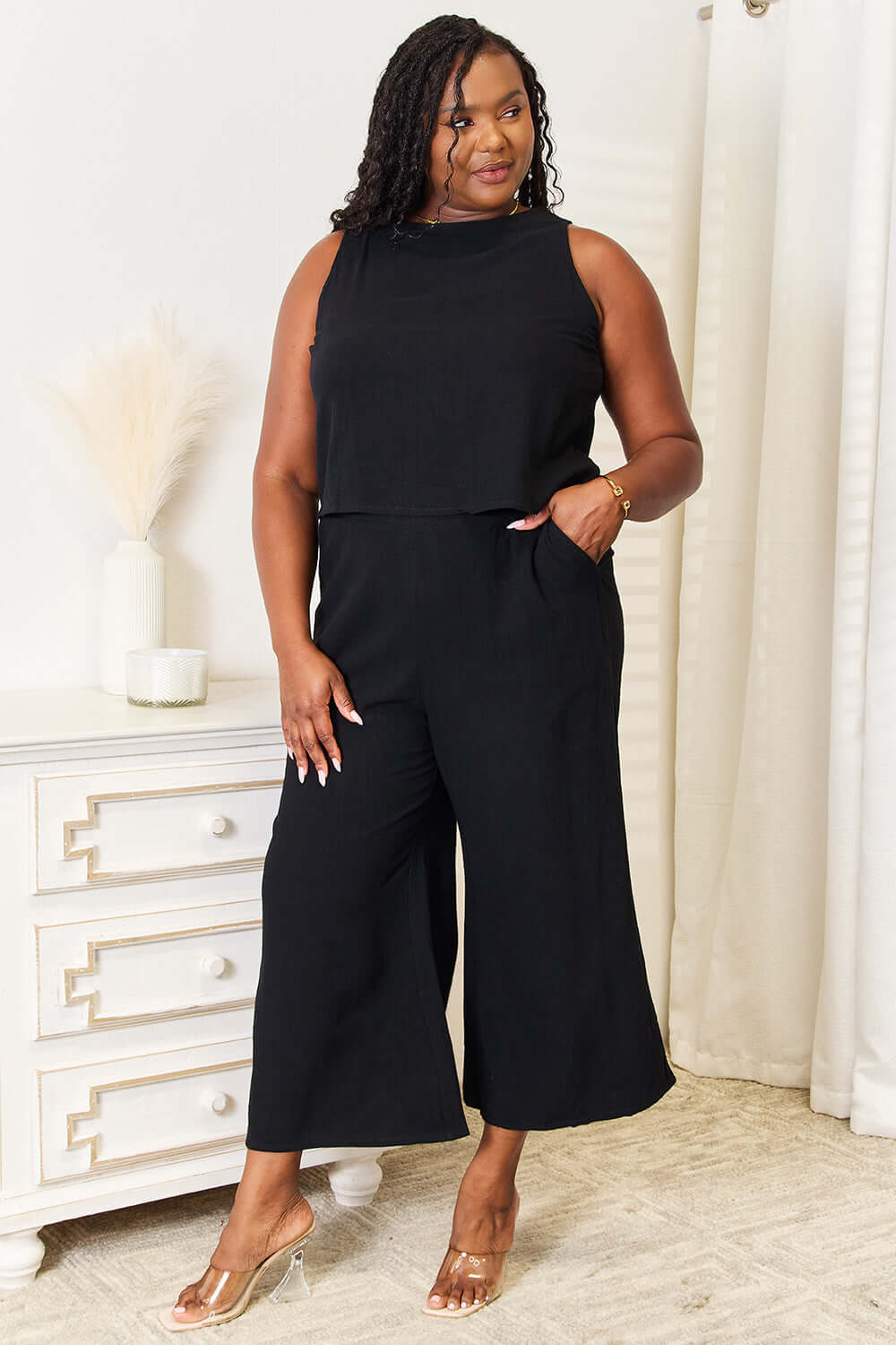 DOUBLE TAKE Buttoned Round Neck Tank and Wide Leg Pants Set at Bella Road