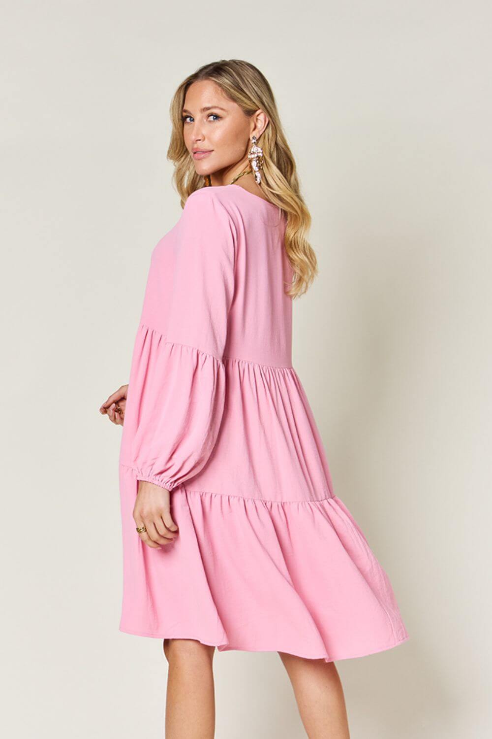 DOUBLE TAKE Full Size V-Neck Balloon Sleeve Tiered Dress at Bella Road