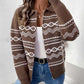 Woman wearing Perfee Geometric Zip Up Collared Neck Long Sleeve Cardigan in brown with white geometric design, paired with jeans and white top.