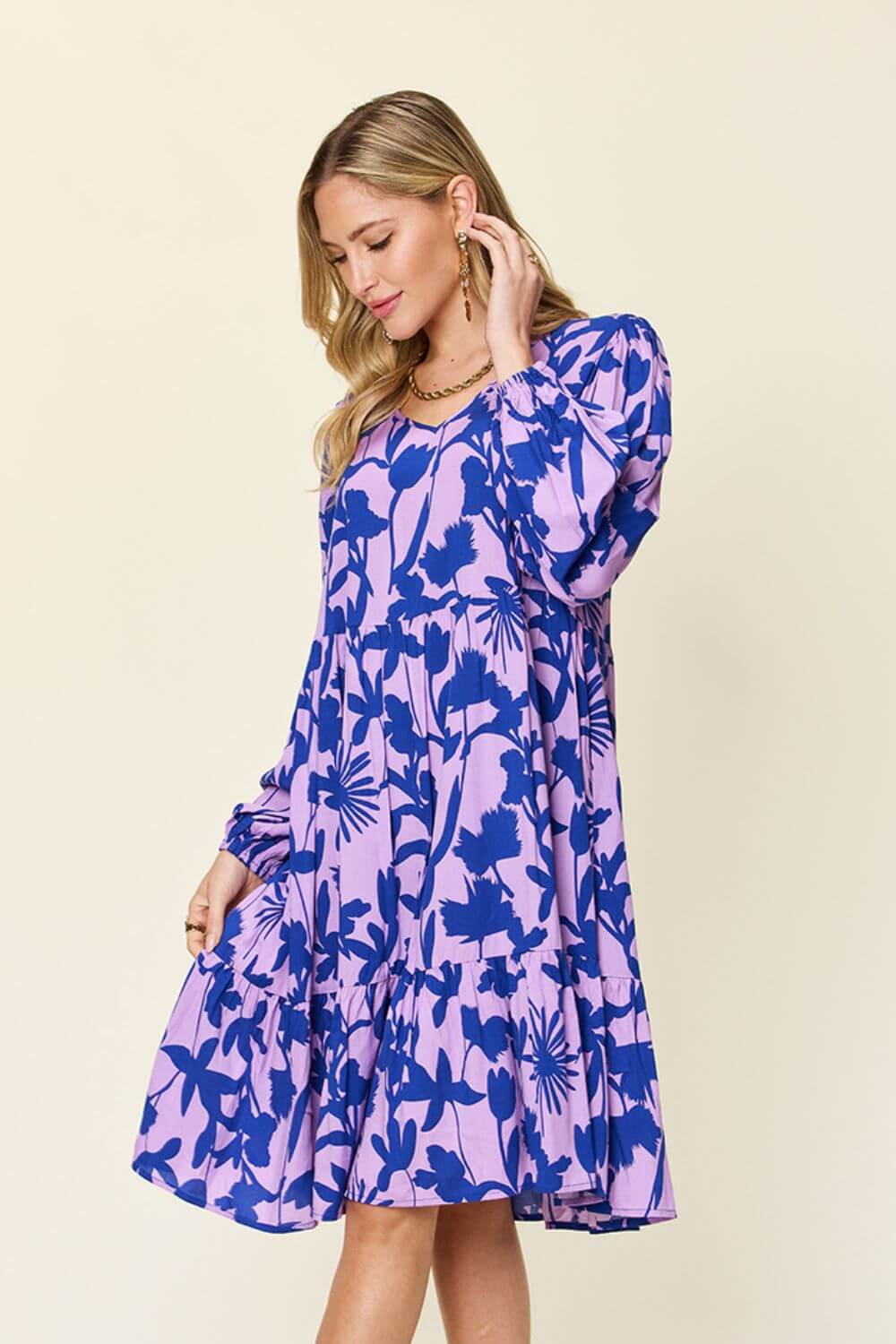 DOUBLE TAKE Full Size Printed Ruffle Hem Long Sleeve Dress at Bella Road