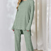 Ribbed High-Low Top and Wide Leg Pants Set - Light Green