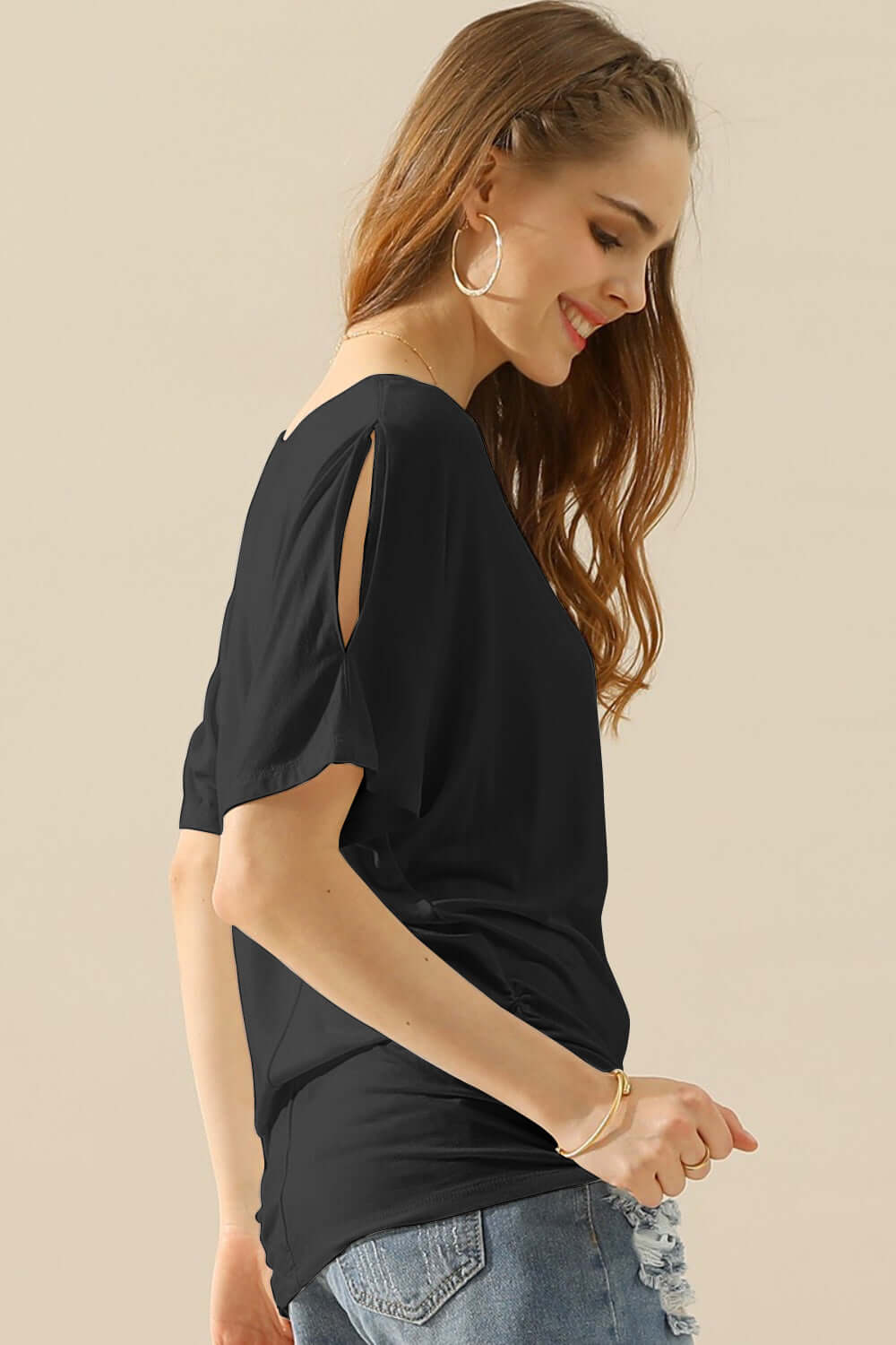 NINEXIS Boat Neck Short Sleeve Ruched Side Top at Bella Road