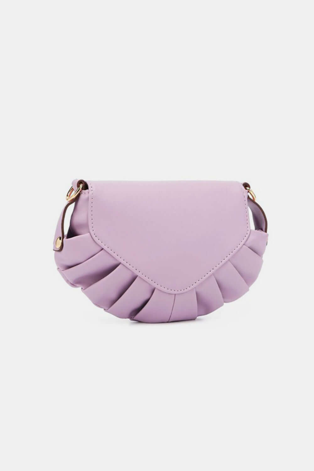 Lilac Nicole Lee USA graphic crossbody bag with ruffled design and adjustable strap for hands-free carrying