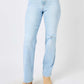 High waist distressed straight jeans in light blue denim by Judy Blue Jeans, accentuating curves with a stylish and edgy look.