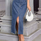 Trendy Bella Road Slit Midi Denim Skirt with Pockets - Stylish wardrobe essential made of 85% cotton and 15% polyester, perfect for any outing.