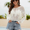 Fringe Trim Openwork Long Sleeve Cover-Up - Cream