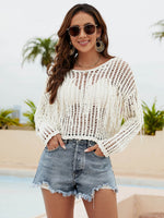 BELLA ROAD Fringe Trim Openwork Long Sleeve Cover-Up at Bella Road