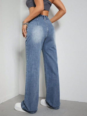 Woman wearing Bella Road High Rise Wide Leg Jeans with Pockets, featuring slightly stretchy denim, and casual style.