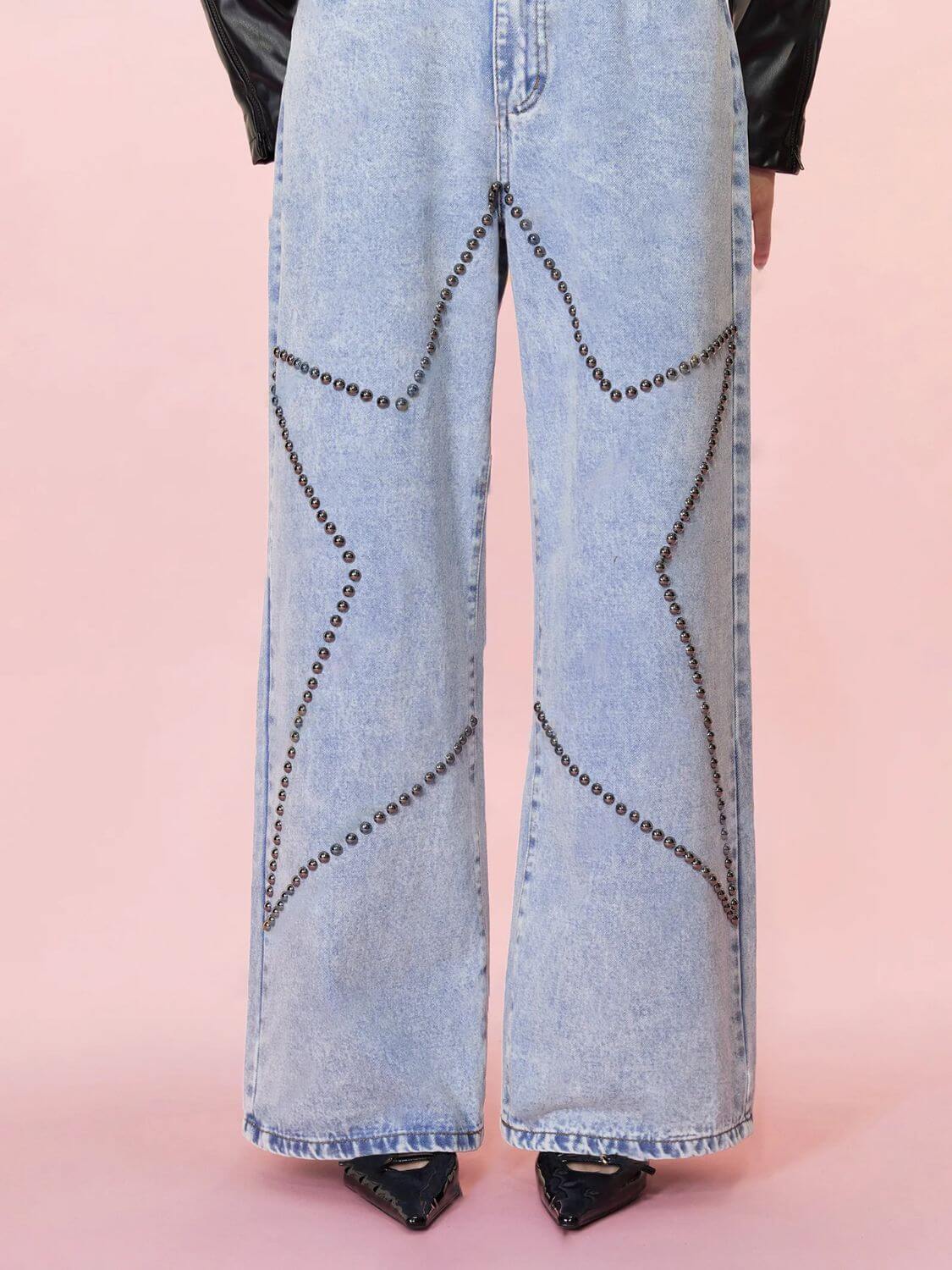 Bella Road Studded Star Straight Jeans with edgy star patterns and pockets, perfect for a stylish, modern look.