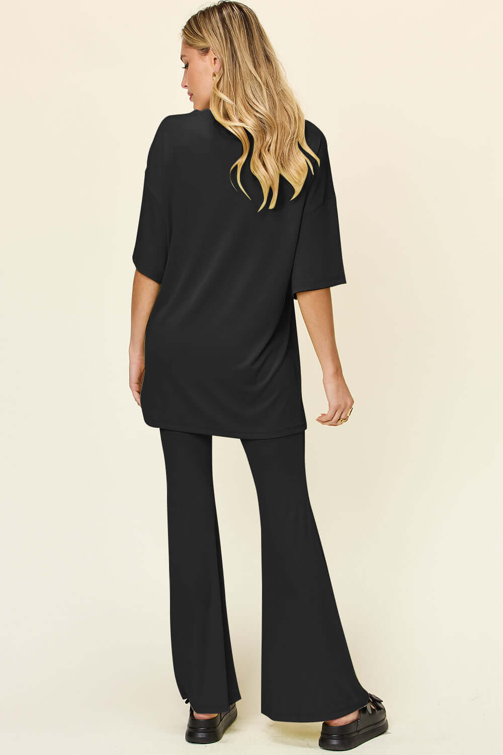 DOUBLE TAKE Full Size Round Neck Drop Shoulder T-Shirt and Flare Pants Set at Bella Road