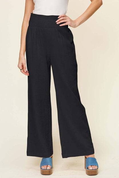 DOUBLE TAKE Full Size Texture Smocked Waist Wide Leg Pants at Bella Road