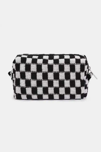 Stylish Zenana checkered pattern knitted cosmetic pouch with zipper closure for makeup organization.