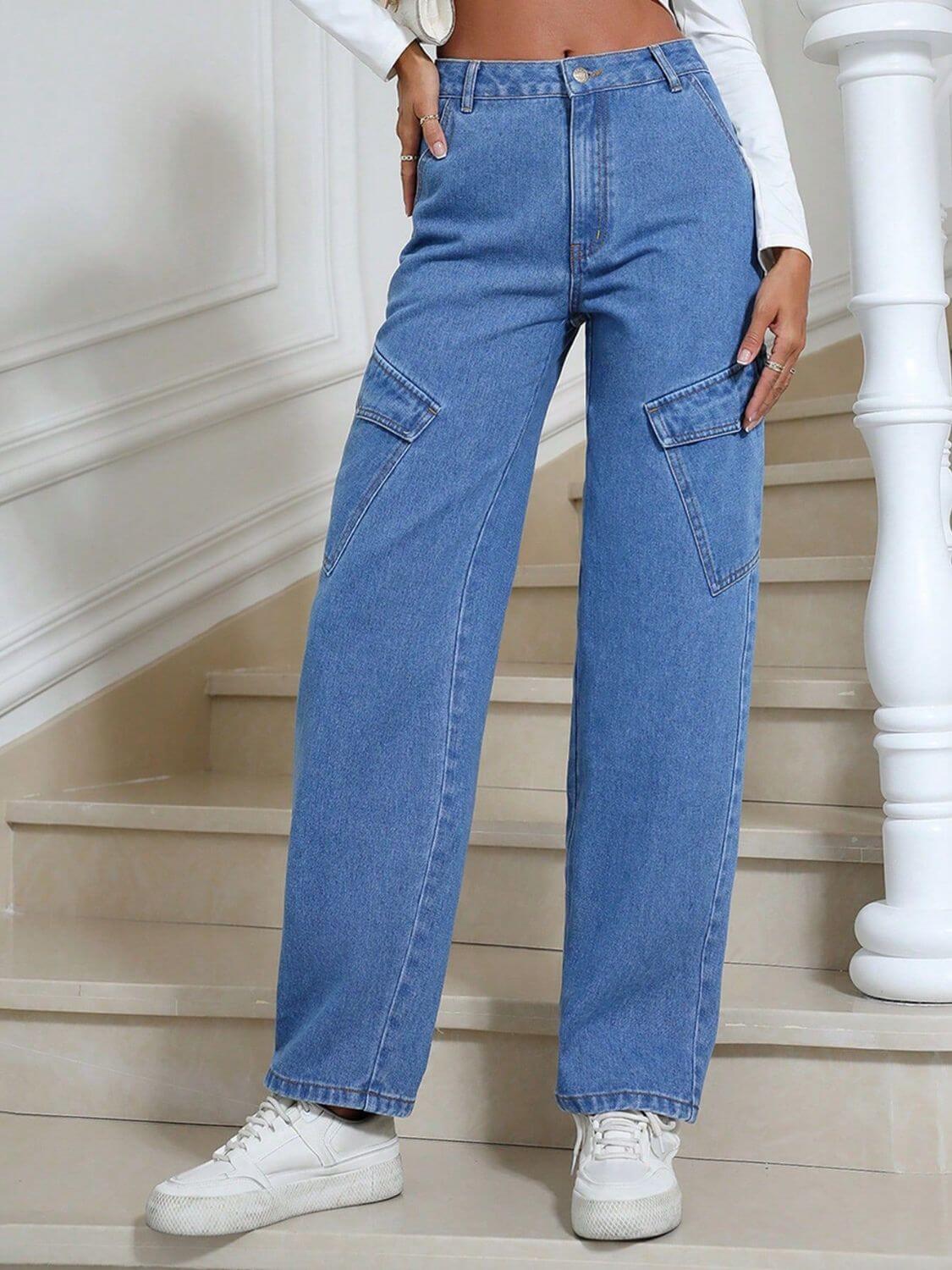 Woman wearing Bella Road High Waist Straight Leg Jeans with Pockets standing on stairs