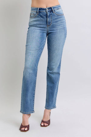 Judy Blue vintage wash thermal straight jeans with pockets, perfect for everyday comfort and style.