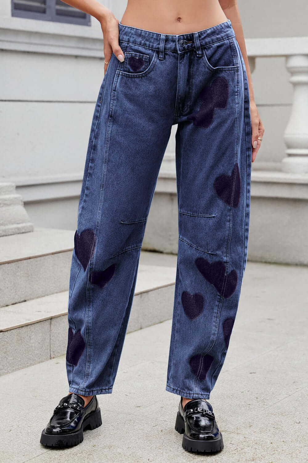 Bella Road Denim Heart Mid Rise Jeans with Pockets, stylish blue denim with heart designs, perfect for fun fashion moments.