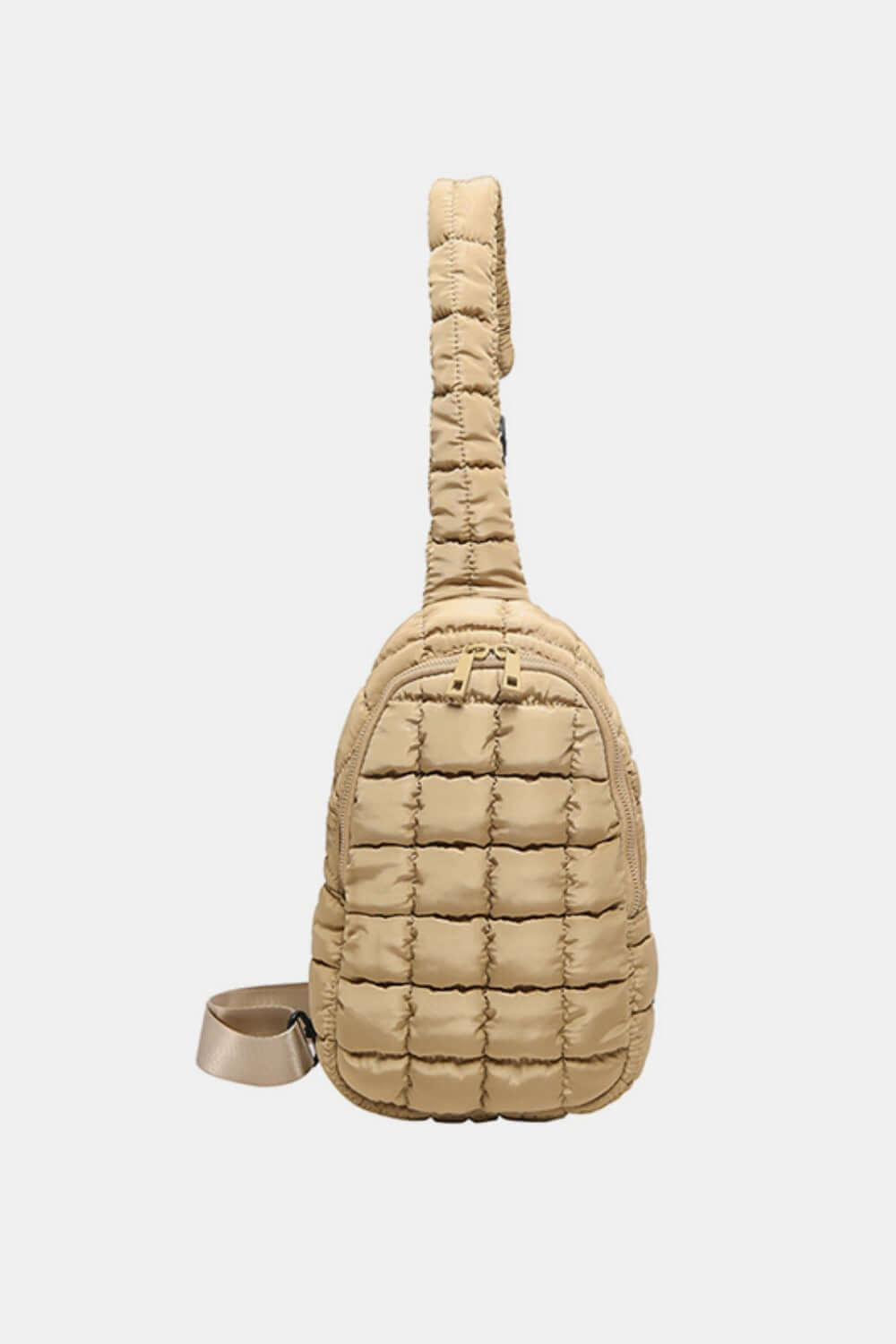 Bella Road Quilted Nylon Crossbody Bag in beige, showcasing its puffy texture and strap, perfect for stylish adventures.