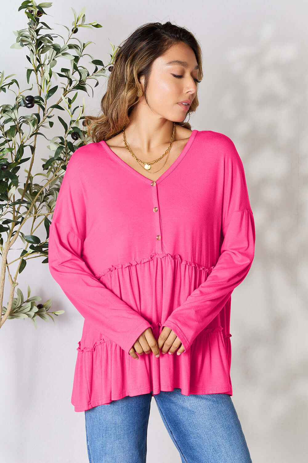 DOUBLE TAKE Half Button Long Sleeve Ruffle Hem Blouse at Bella Road