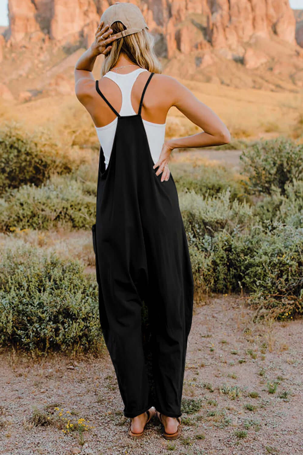 DOUBLE TAKE Full Size V-Neck Sleeveless Jumpsuit with Pockets at Bella Road