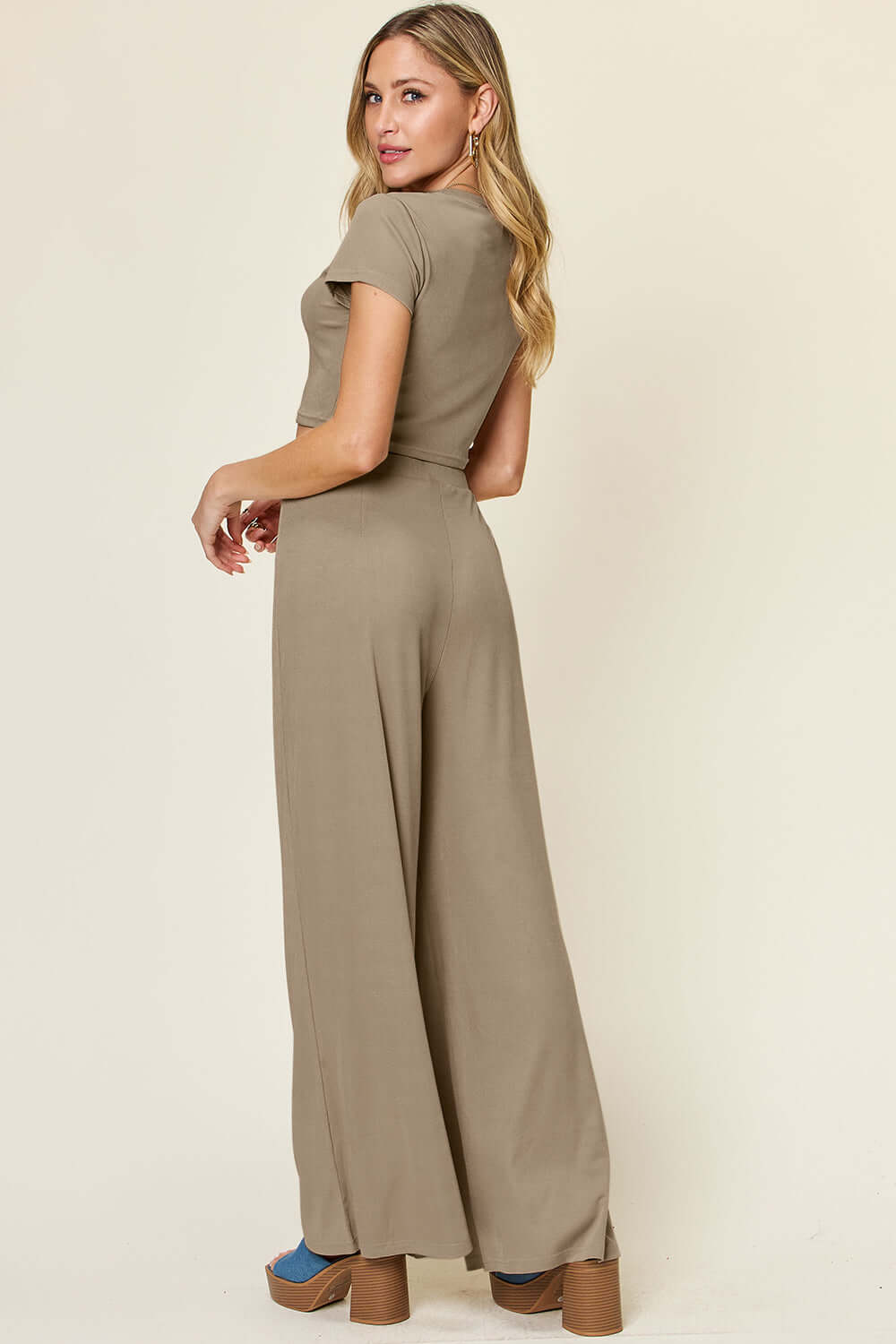 DOUBLE TAKE Full Size Round Neck Top and Pants Set at Bella Road