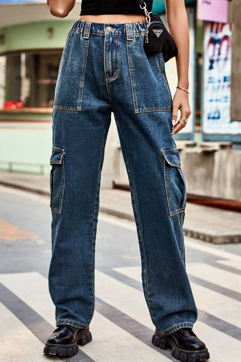 Baeful long straight leg jeans with pockets styled casually outdoors