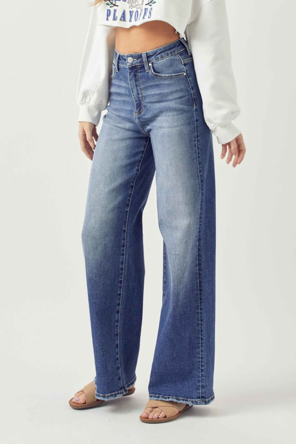 High Rise Wide Leg Risen Jeans, flattering high waist, versatile style, soft comfortable denim, chic look with cropped top and sandals