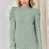 Basic Bae Ribbed Mock Neck Puff Sleeve T-Shirt - Light Green