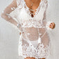 White cutout tied V-neck long sleeve crochet cover-up, 100% acrylic, machine washable, features sheer lace design, stretchy and imported.