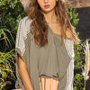 Oversize V-Neck Crochet Lace Contrast Studded Top - Olive