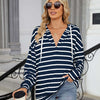 Drawstring Striped Long Sleeve Hoodie - Dark Navy