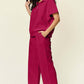 DOUBLE TAKE Full Size Texture Half Zip Short Sleeve Top and Pants Set at Bella Road