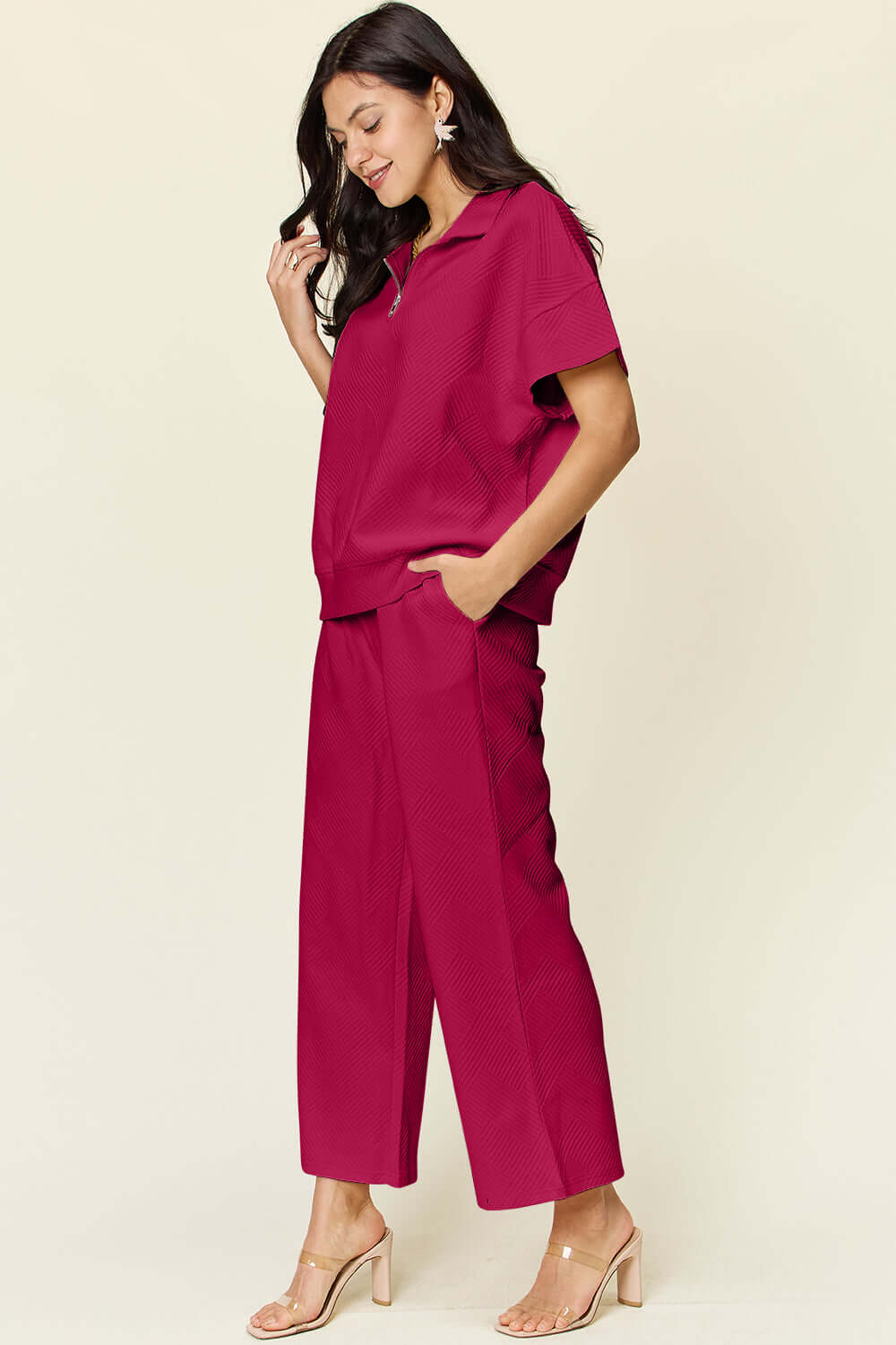 DOUBLE TAKE Full Size Texture Half Zip Short Sleeve Top and Pants Set at Bella Road