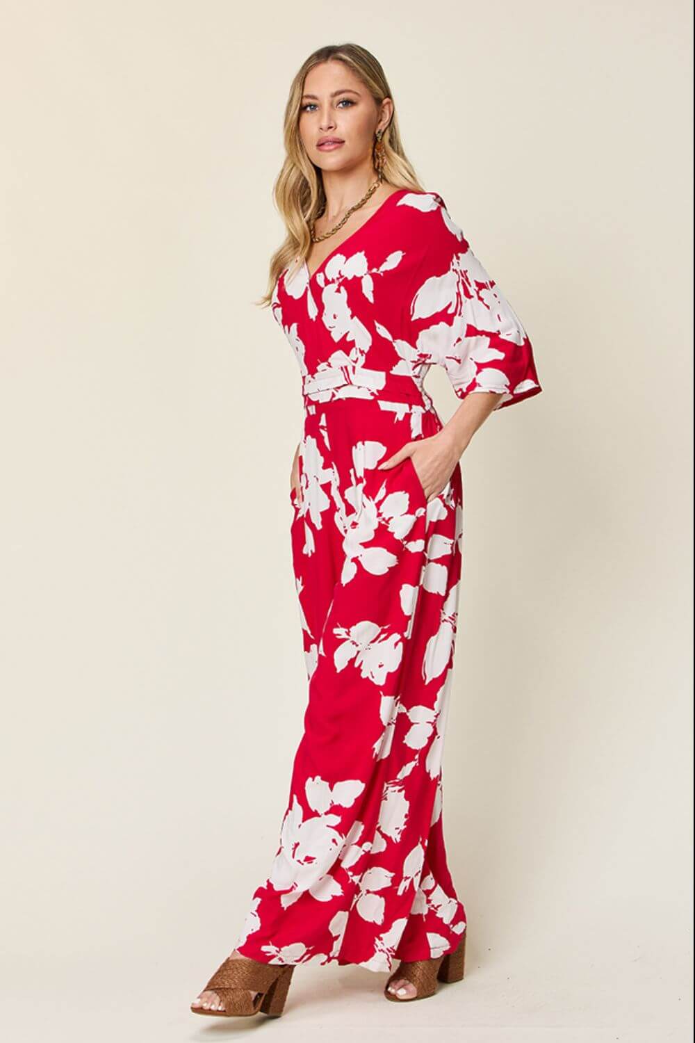 DOUBLE TAKE Full Size Printed Tie Back Wide Leg Jumpsuit at Bella Road