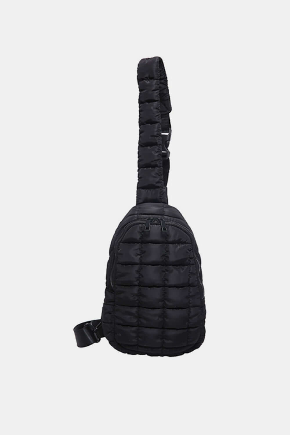 Black Bella Road Quilted Nylon Crossbody Bag with adjustable strap, lightweight and trendy design for stylish adventures.