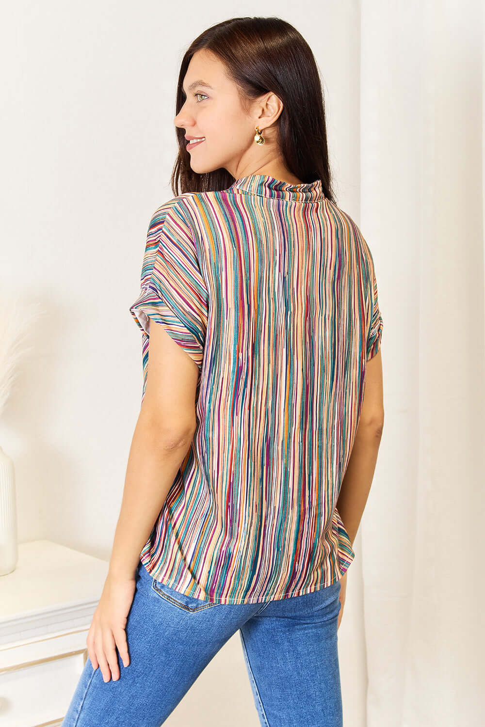 DOUBLE TAKE Multicolored Stripe Notched Neck Top at Bella Road