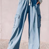 Bella Road Denim Drawstring Cargo Pocket Wide Leg Jeans - Light