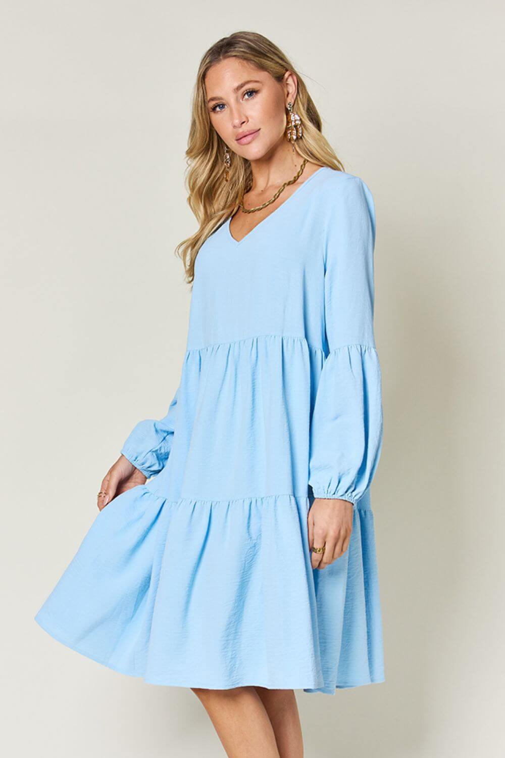 DOUBLE TAKE Full Size V-Neck Balloon Sleeve Tiered Dress at Bella Road