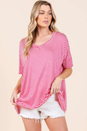 BOMBOM Striped V-Neck T-Shirt at Bella Road