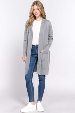 ACTIVE BASIC Open Front Rib Trim Long Sleeve Knit Cardigan at Bella Road