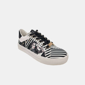 Nicole Lee USA Printed Vegan Leather Lace Up Sneaker – stylish black and white design, sustainable footwear option with comfortable fit.