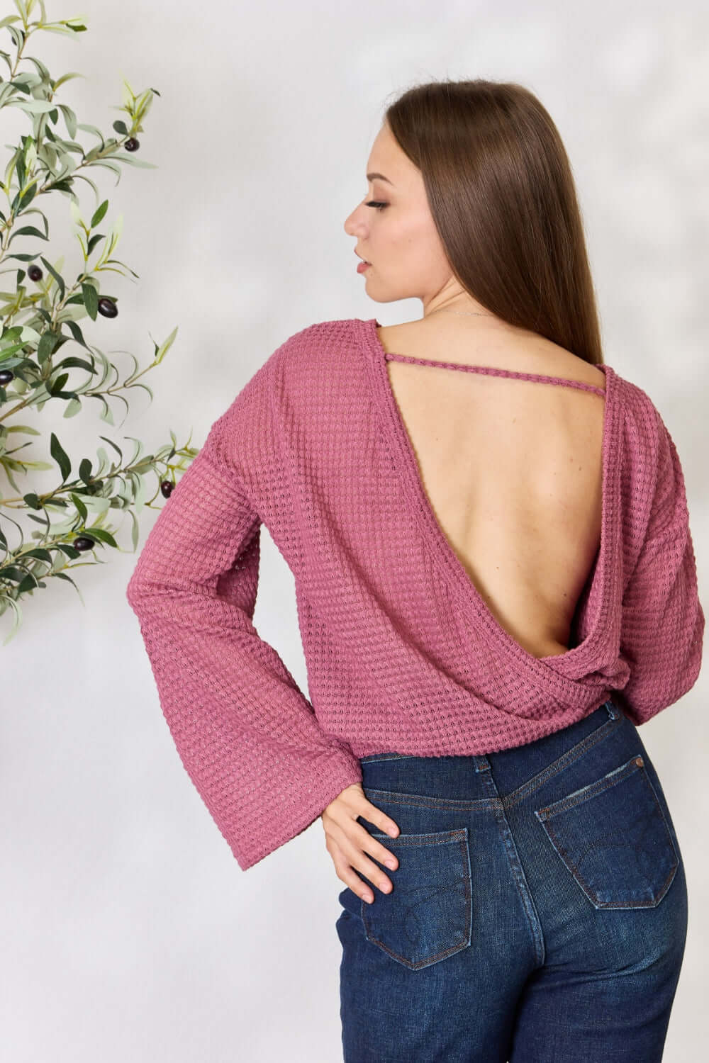 CULTURE CODE Full Size Waffle-Knit Round Neck Long Sleeve Blouse at Bella Road