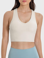 Millennia Scoop Neck Wide Strap Active Tank in light color, featuring ribbed texture and stylish scoop neckline for activewear.