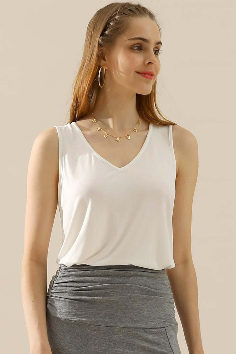 NINEXIS Full Size V-Neck Curved Hem Tank at Bella Road