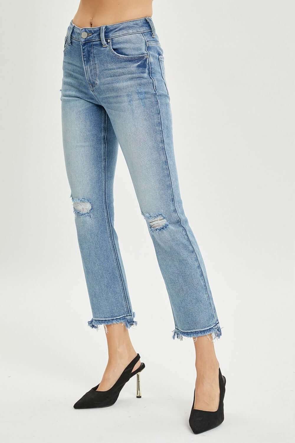 Risen Jeans High Rise Distressed Cropped Straight Jeans with Frayed Hem Styled with Black Heels