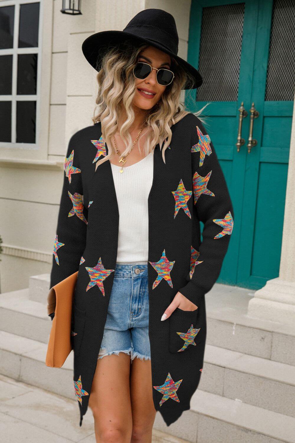 Woman wearing Angel Wings Star Open Front Long Sleeve Cardigan, looking stylish and cozy. Upgrade your outfit and shine like a star!