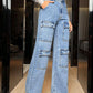 Woman wearing Bella Road Wide Leg High Waist Jeans with Pockets, featuring a stylish high-waist fit and spacious pockets in denim fabric