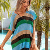 Openwork Striped V-Neck Short Sleeve Cover Up - Black